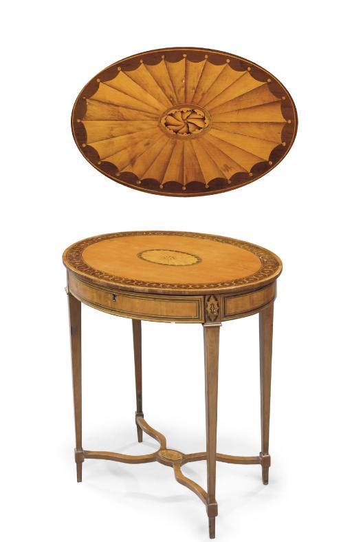 A GEORGE III SATINWOOD AND HOLLY MARQUETRY OVAL WORK-TABLE
