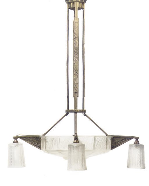AN ART DECO BRONZE AND FROSTED GLASS CHANDELIER