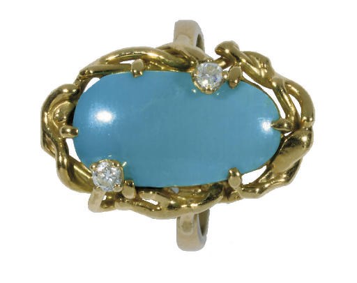 A GOLD COLOURED METAL TURQUOISE AND DIAMOND RING