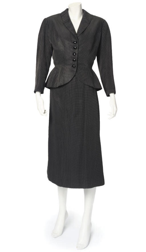 BALENCIAGA, A BLACK AND WHITE SPOTTED SUIT, 1950s