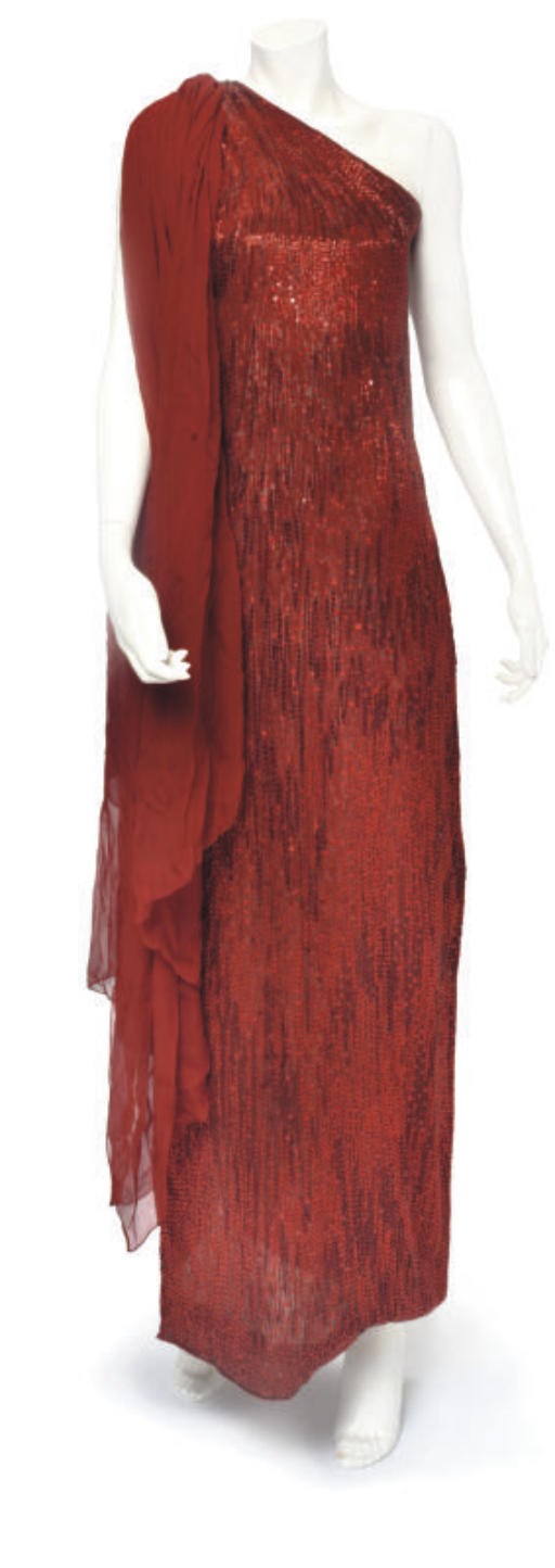 HALSTON COUTURE, A DRAAMTIC RED EVENING GOWN, 1970S