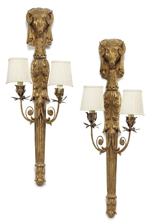 A PAIR OF GILTWOOD TWIN-BRANCH WALL-LIGHTS