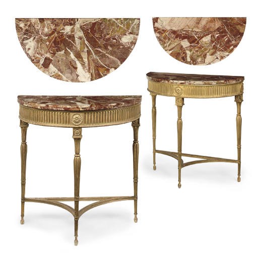 A MATCHED PAIR OF GILTWOOD DEMI-LUNE SIDE TABLES