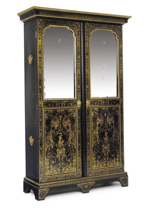 A FRENCH ORMOLU-MOUNTED, BRASS-INLAID BOULLE MARQUETRY AND EBONISED ARMOIRE