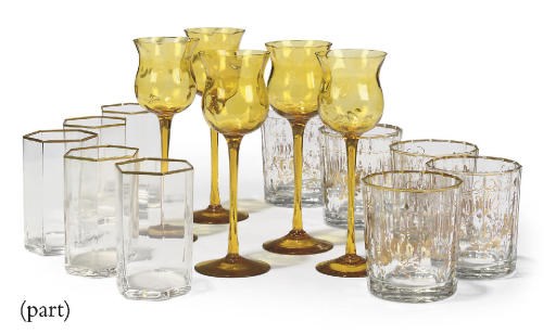 A PART SUITE OF EIGHTY-EIGHT VARIOUS HEXAGONAL TUMBLERS, FIFTEEN AMBER HOCK GLASSES AND NINE FLUTED TUMBLERS