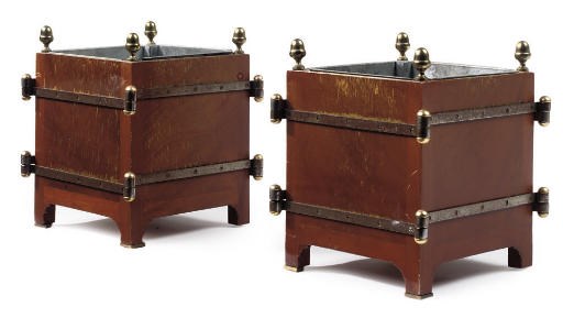 A PAIR OF SMALL TABLE-TOP BRASS-MOUNTED MAHOGANY SQUARE PLANTERS