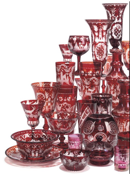 A LARGE CONTINENTAL RUBY-FLASH AND ENGRAVED GLASS COMPOSITE TABLE-SERVICE