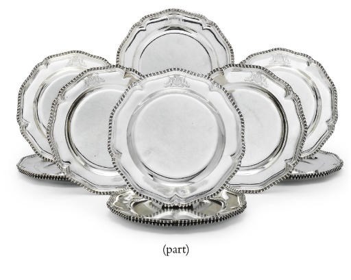 A SET OF TWELVE GEORGE III IRISH SILVER DINNER PLATES FROM THE EARL OF DROGHEDA SERVICE AND SIX MODERN PORTUGUESE PLATES TO MATCH