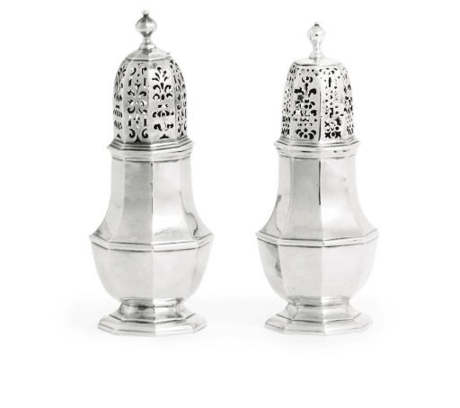 TWO SIMILAR GEORGE I SILVER CASTERS