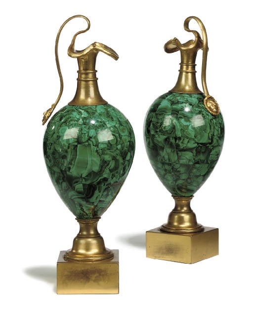 A PAIR OF RUSSIAN GILT-METAL MOUNTED MALACHITE ORNAMENTAL EWERS