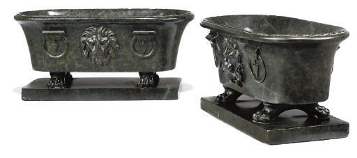 A PAIR OF ITALIAN SERPENTINE MARBLE MODELS OF A ROMAN BATH