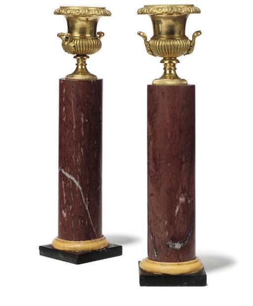 A PAIR OF ORMOLU AND MARBLE ORNAMENTAL URNS