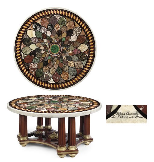 A ROMAN SPECIMEN MARBLE TOP ON A LATER PARCEL-GILT AND MAHOGANY TABLE