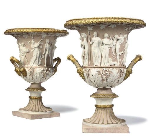 A PAIR OF ITALIAN PARCEL-GILT PAINTED COMPOSITION MODELS OF THE BORGHESE VASE