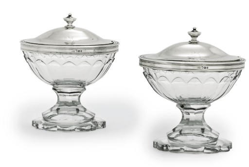 A PAIR OF GEORGE III SILVER-MOUNTED CUT-GLASS SUGAR-VASES