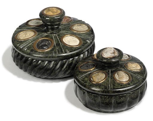 TWO ITALIAN SERPENTINE MARBLE INKWELLS