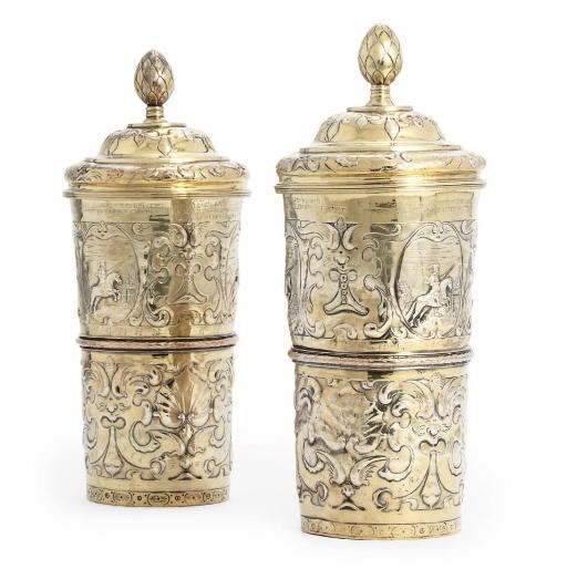 A PAIR OF GILT-PLATED BEAKERS AND COVERS