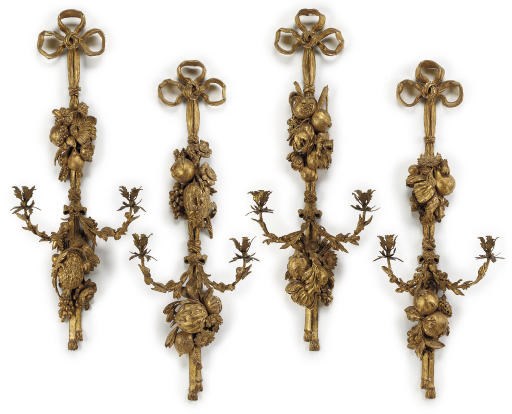 A SET OF FOUR ENGLISH GILT-LIMEWOOD TWIN-BRANCH WALL LIGHTS
