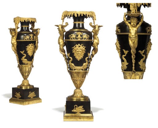 A PAIR OF RUSSIAN ORMOLU-MOUNTED PATINATED BRONZE VASES