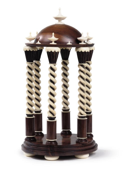 A VICTORIAN HARDWOOD AND IVORY TABLE ORNAMENT