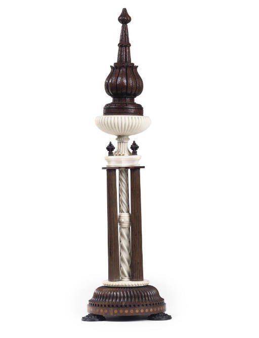 A VICTORIAN HARDWOOD AND IVORY TABLE ORNAMENT