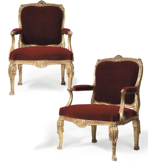 A PAIR OF GEORGE III GILTWOOD OPEN ARMCHAIRS