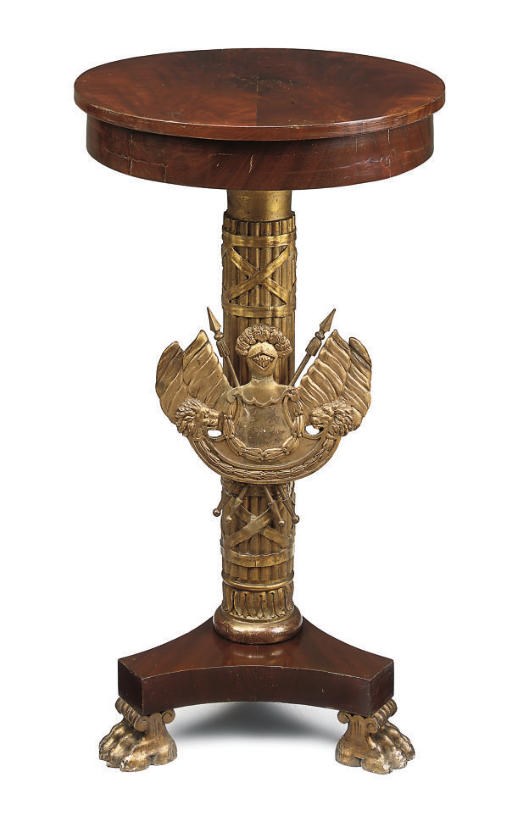 A NORTH EUROPEAN FIGURED MAHOGANY, GILTWOOD AND GILT-COMPOSITION CIRCULAR OCCASIONAL TABLE