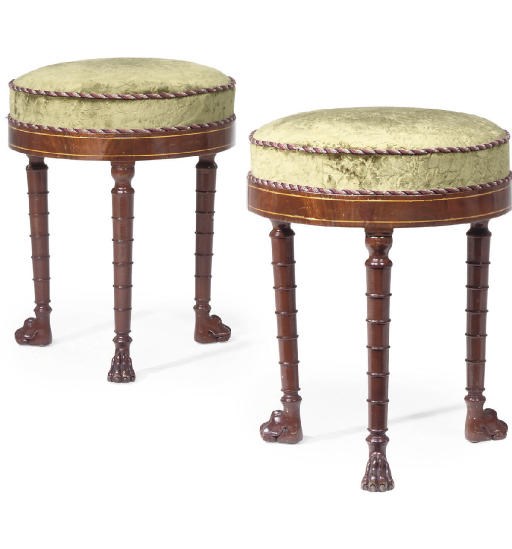 A PAIR OF RESTAURATION MAHOGANY CIRCULAR STOOLS