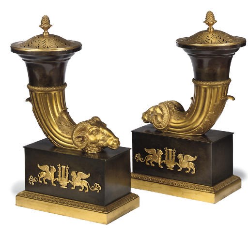 A PAIR OF GILT AND PATINATED BRONZE POT-POURRI RHYTON VASES