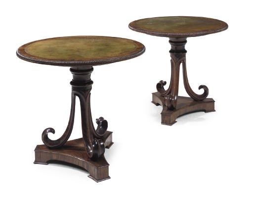 A PAIR OF WILLIAM IV ROSEWOOD AND SIMULATED ROSEWOOD TRIPOD TABLES