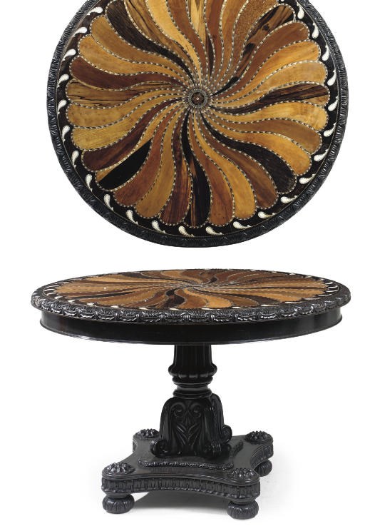 A CEYLONESE IVORY-INLAID SPECIMEN WOOD, EBONY AND PARQUETRY CENTRE TABLE