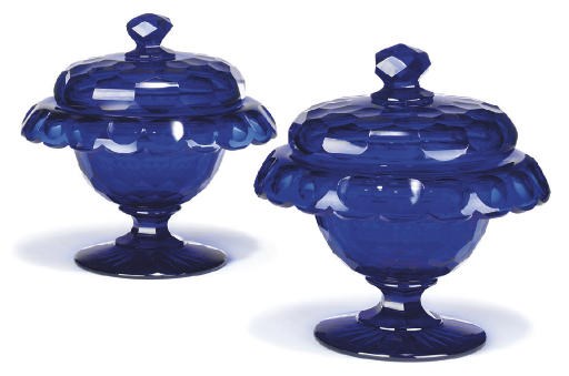 A PAIR OF CONTINENTAL BLUE GLASS BOWLS AND COVERS