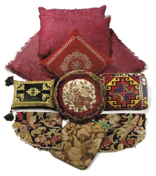 TWO PAIRS OF CRIMSON FLORAL SILK DAMASK CUSHIONS