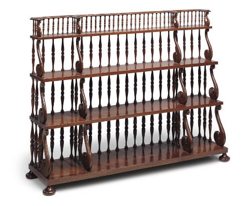 A COLONIAL PADOUK AND SIMULATED PADOUK FOUR-TIER GRADUATED OPEN BOOKSHELF