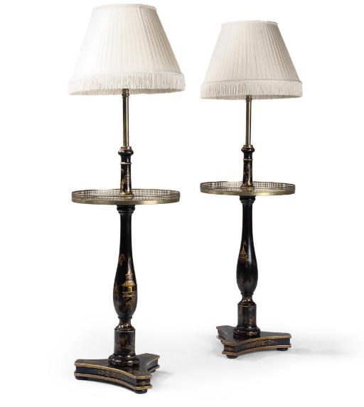 A PAIR OF BLACK AND GILT-JAPANNED LAMP TABLES