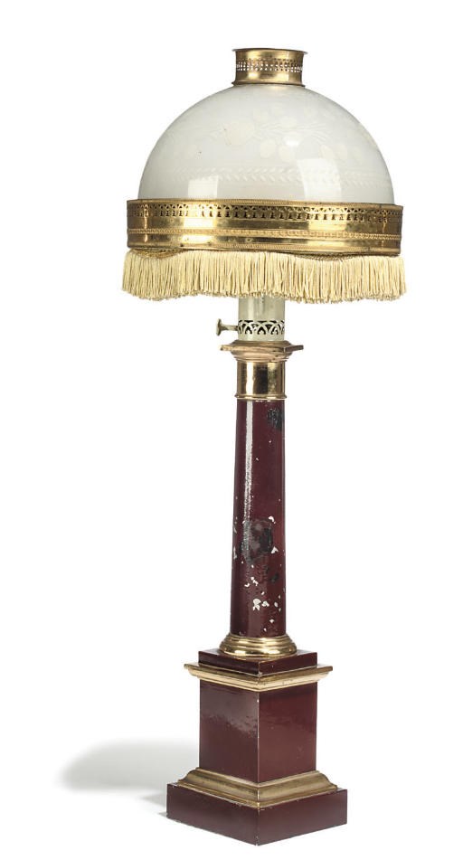 A CHARLES X RED TÔLE PEINTE AND PARCEL-GILT OIL LAMP