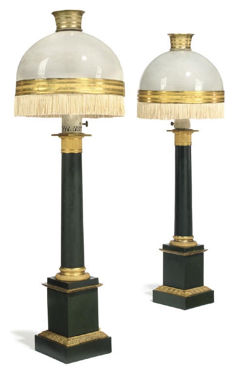 A PAIR OF CHARLES X GILT-BRONZE MOUNTED PATINATED OIL LAMPS