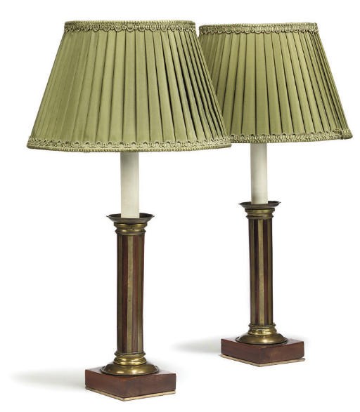 A PAIR OF FRENCH BRASS AND MAHOGANY TABLE LAMPS