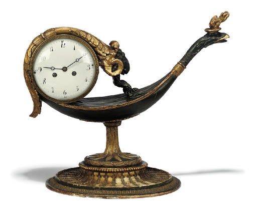 AN AUSTRIAN GILT AND PAINTED STRIKING LAMP CLOCK
