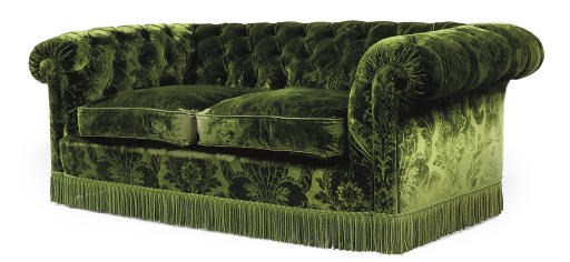 A BUTTONED FLORAL-PATTERNED GREEN VELVET TWO-SEATER CHESTERFIELD SOFA