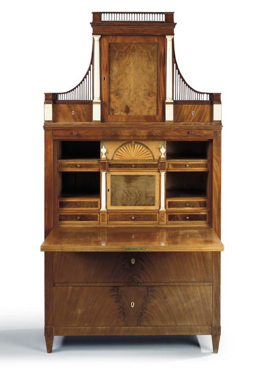 A BIEDERMEIER MAHOGANY HAREWOOD, AND SATINWOOD SECRETAIRE-CABINET