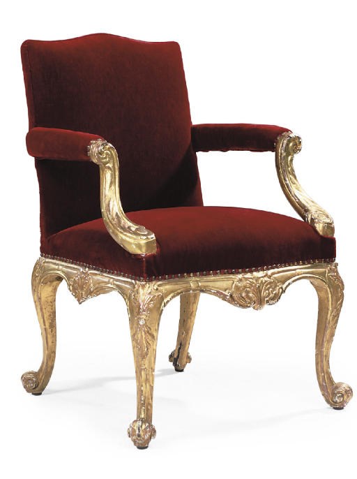 A GEORGE II GILTWOOD OPEN ARMCHAIR