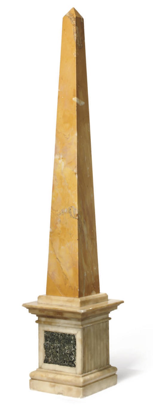 A LARGE ITALIAN SIENA MARBLE AND ALABASTER OBELISK