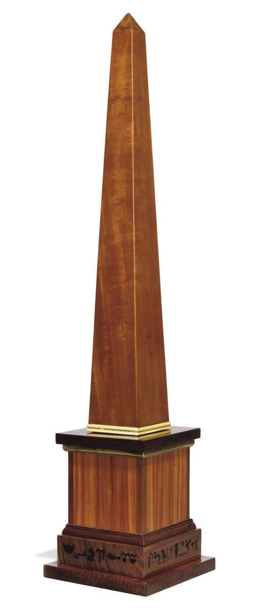 A MAHOGANY TULIPWOOD AND AMARANTH OBELISK