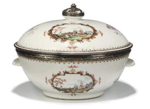A CHINESE EXPORT 'MEISSEN-STYLE' SILVER-MOUNTED CIRCULAR TUREEN AND COVER