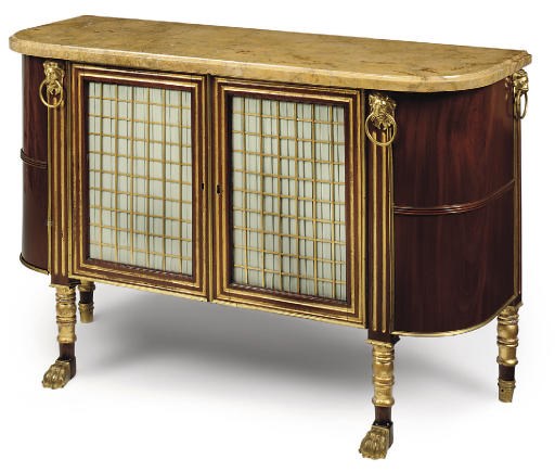 A BRASS-MOUNTED, PARCEL-GILT MAHOGANY D-SHAPED SIDE CABINET