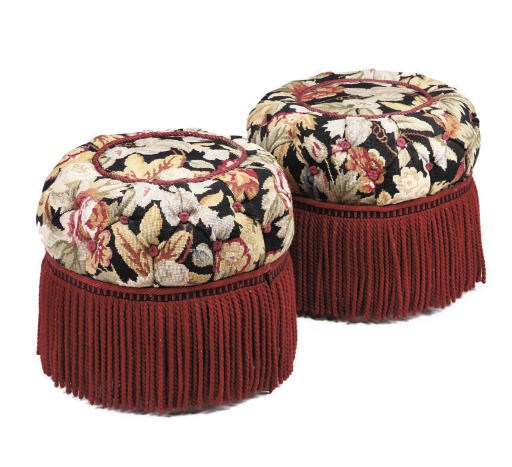 A PAIR OF GROS-POINT FLORAL NEEDLEWORK CIRCULAR STOOLS
