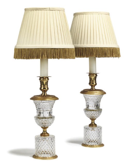 A PAIR OF GILT-BRASS MOUNTED CUT-GLASS TABLE LAMPS