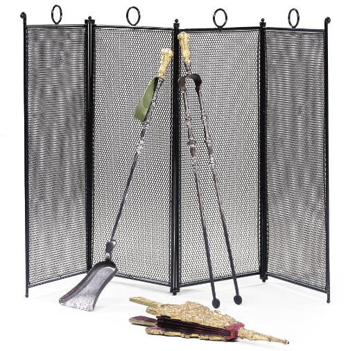A SET OF STEEL AND ORMOLU FIRE-TONGS AND MATCHING SHOVEL