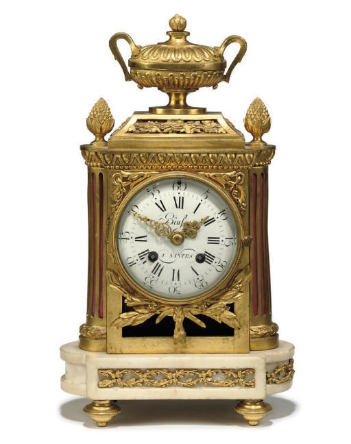 A LOUIS XVI WHITE MARBLE AND ORMOLU SMALL STRIKING MANTEL CLOCK